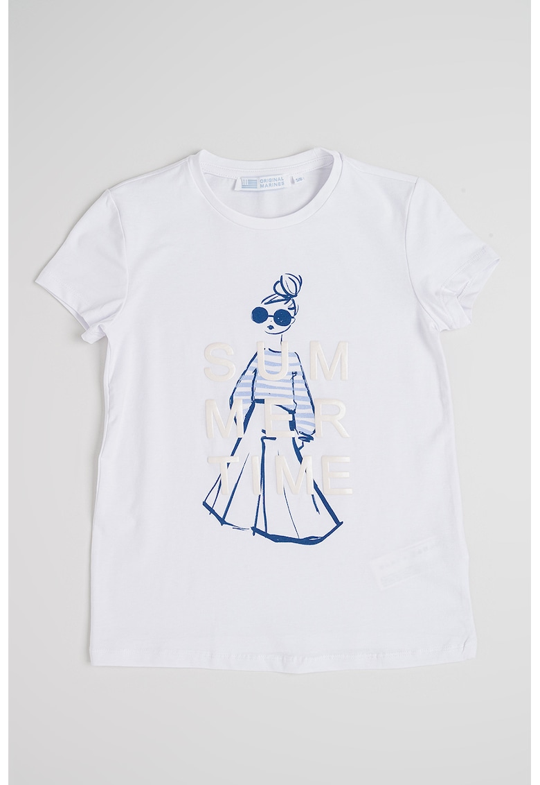 Tricou din amestec de bumbac cu imprimeu grafic - Alb/Bej/Bleumarin