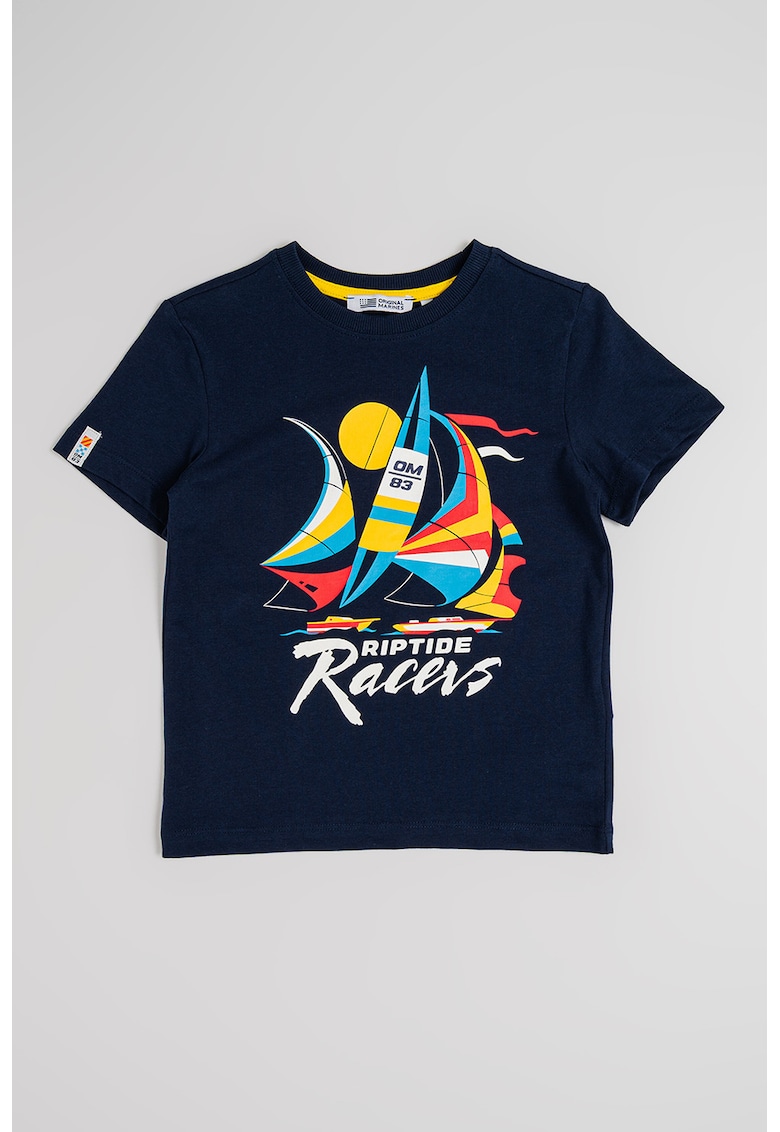 Tricou cu decolteu la baza gatului si imprimeu grafic - Galben/Albastru ultramarin
