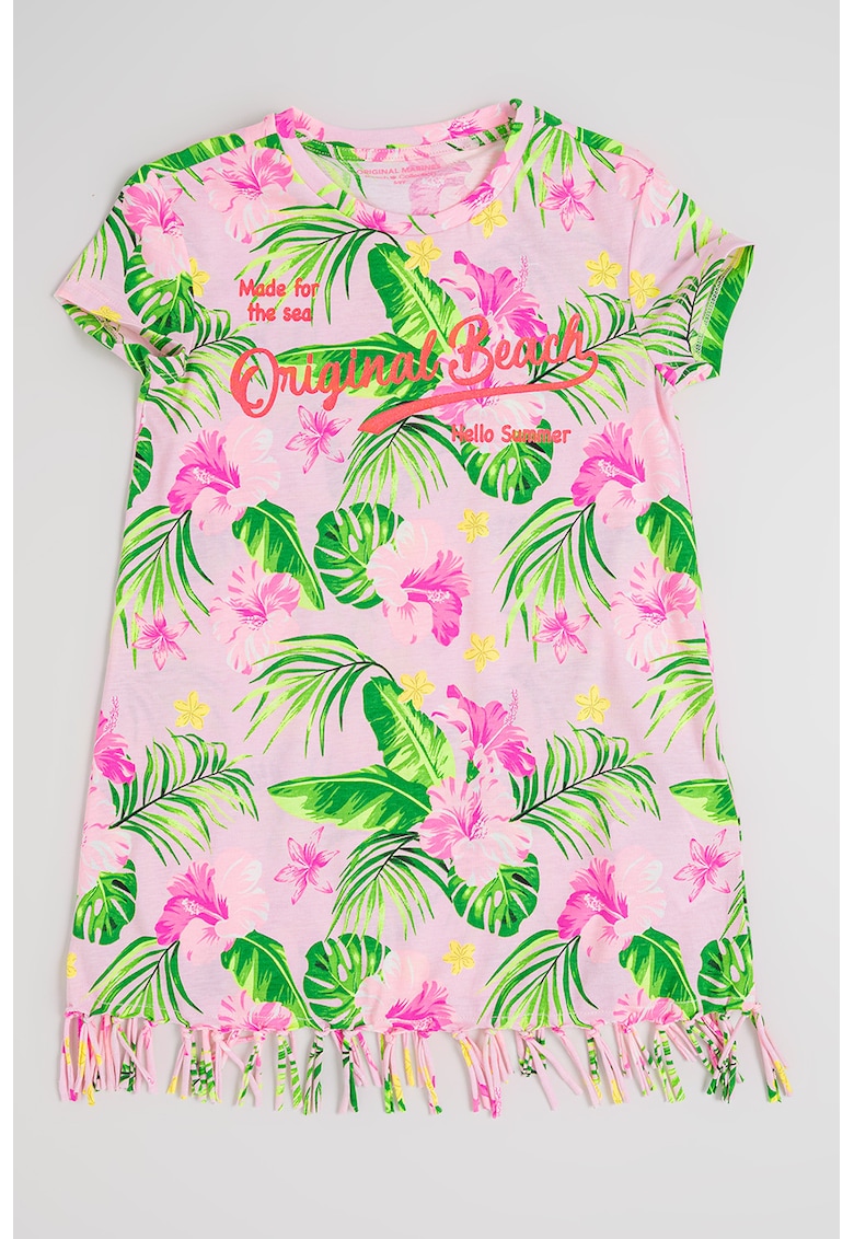 Rochie din bumbac cu imprimeu si franjuri - Verde neon/Roz deschis