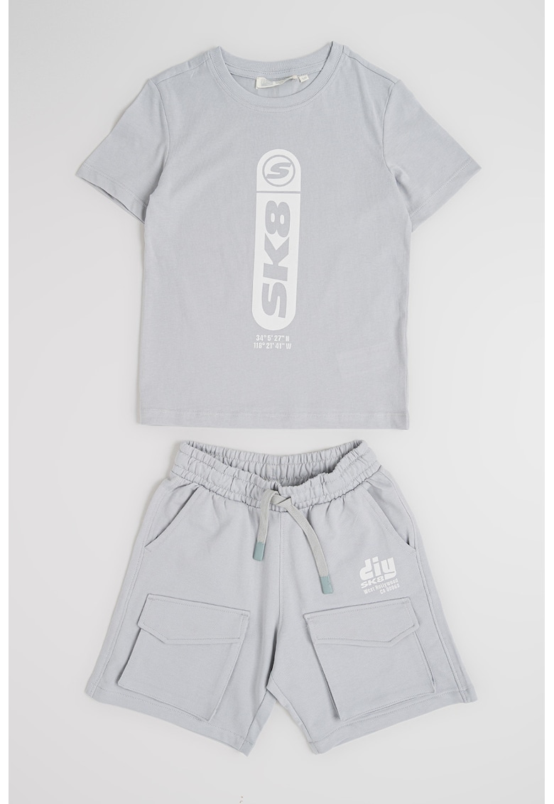 Set de tricou si pantaloni scurti cargo - 2 piese - Alb/Gri