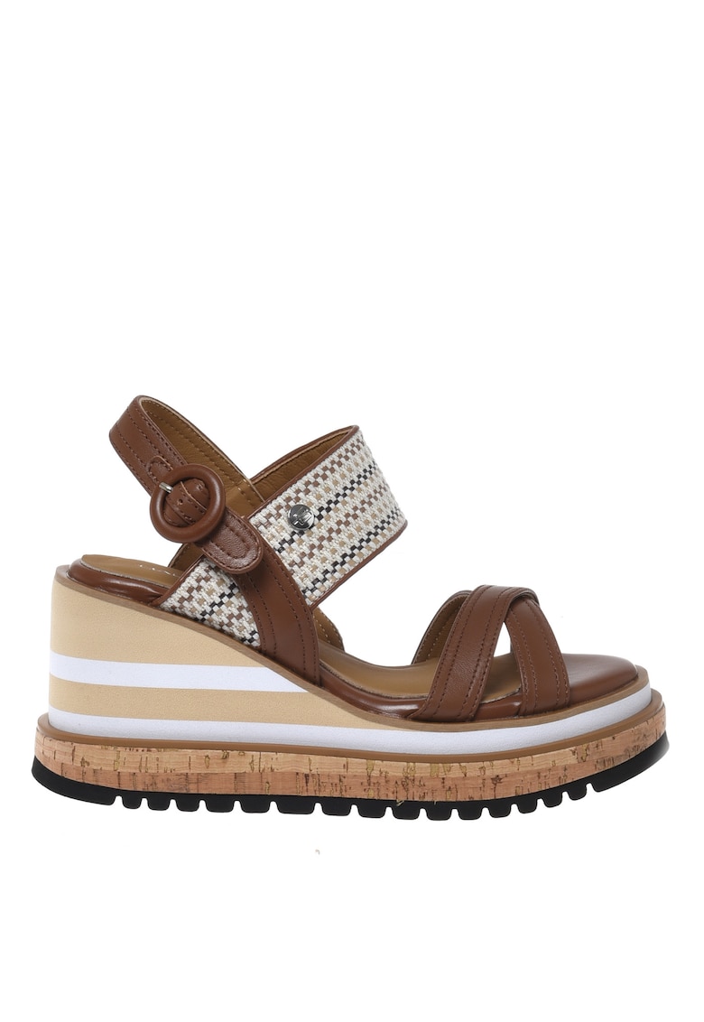 Sandale wedge ce detalii de piele - Maro