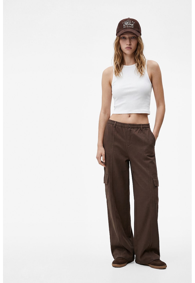 Top crop slim fit striat - Alb