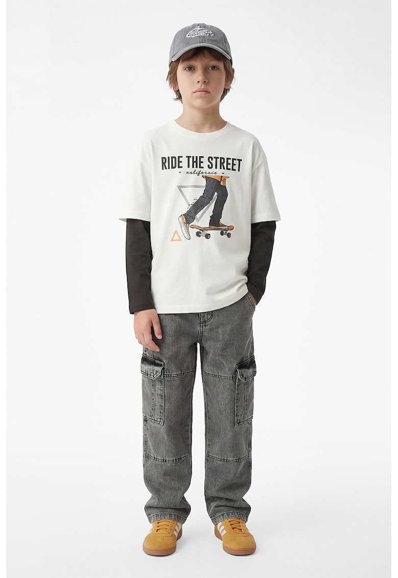 Tricou din bumbac cu imprimeu grafic si text - Alb/Gri inchis