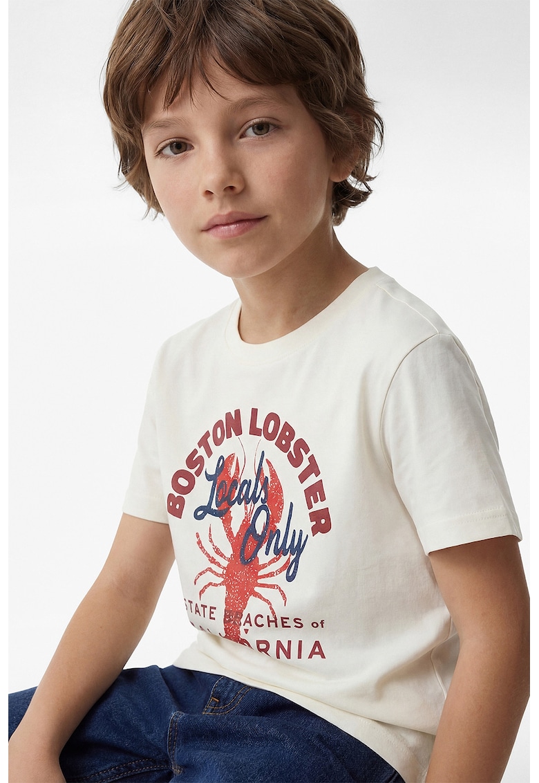 Tricou din bumbac cu decolteu la baza gatului si imprimeu - Rosu/Alb