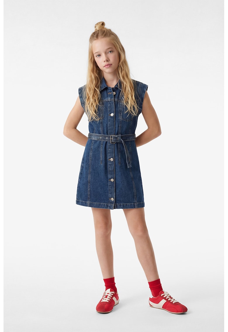 Rochie din denim cu cordon in talie - Albastru petrol