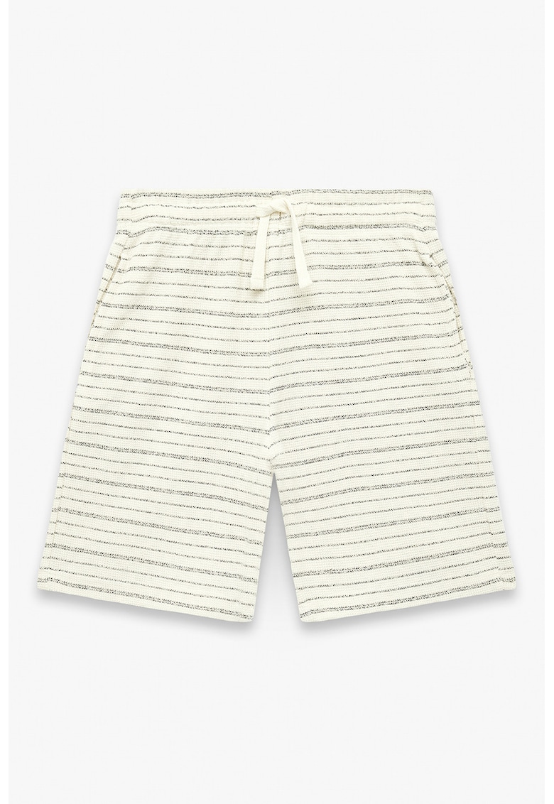 Pantaloni scurti din amestec de bumbac cu model in dungi - Alb fildes