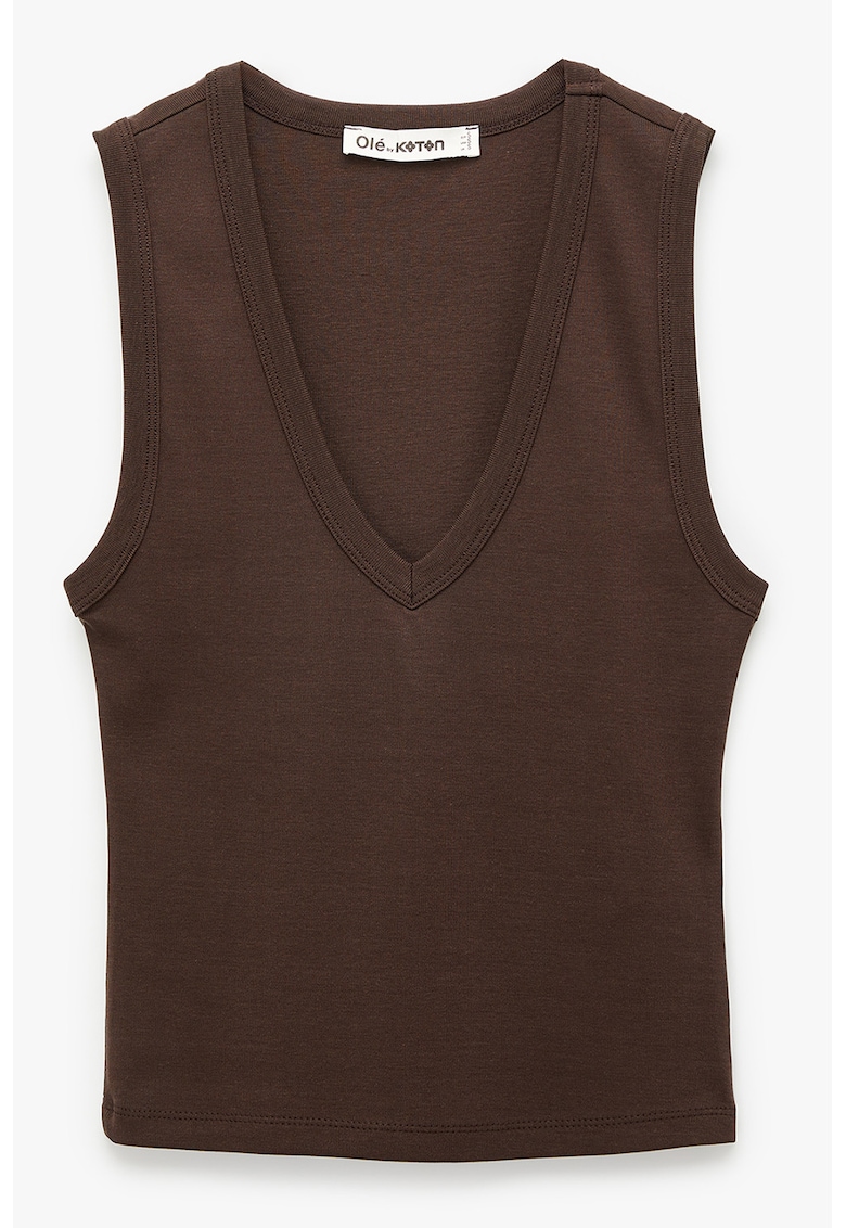 Top slim fit cu decolteu in V - Maro pamantiu