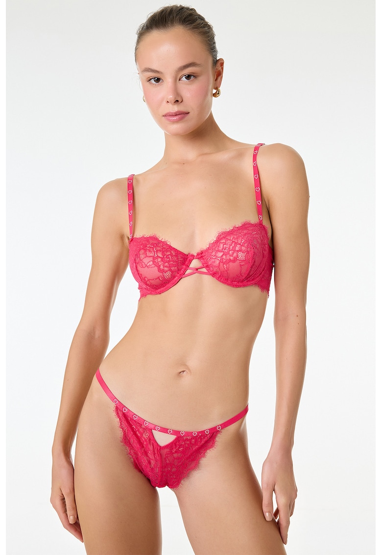 Chiloti tanga cu garnituri din dantela - Fucsia
