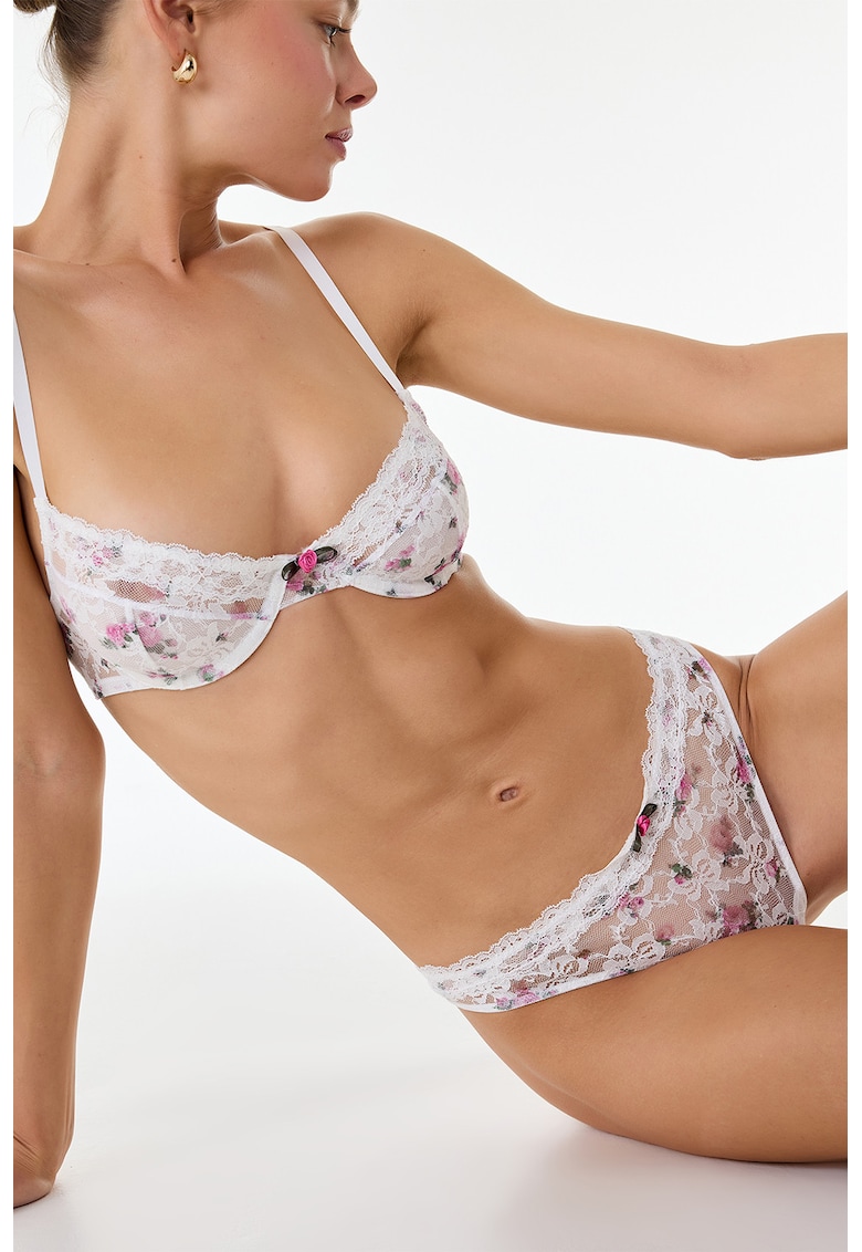 Chiloti tanga cu model floral - Alb