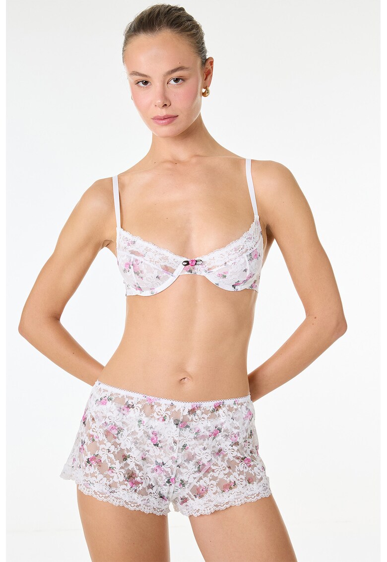 Pantaloni scurti de pijama cu dantela si model floral - Alb/Fucsia