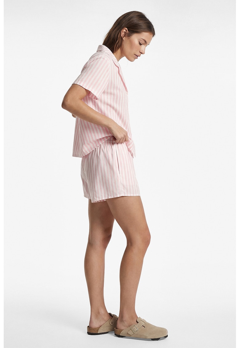 Pijama cu dungi si pantaloni scurti - Alb/Roz deschis