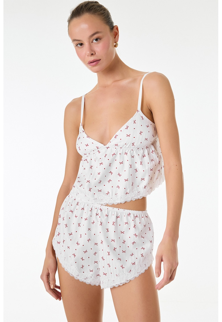 Top crop de pijama cu model floral - Alb