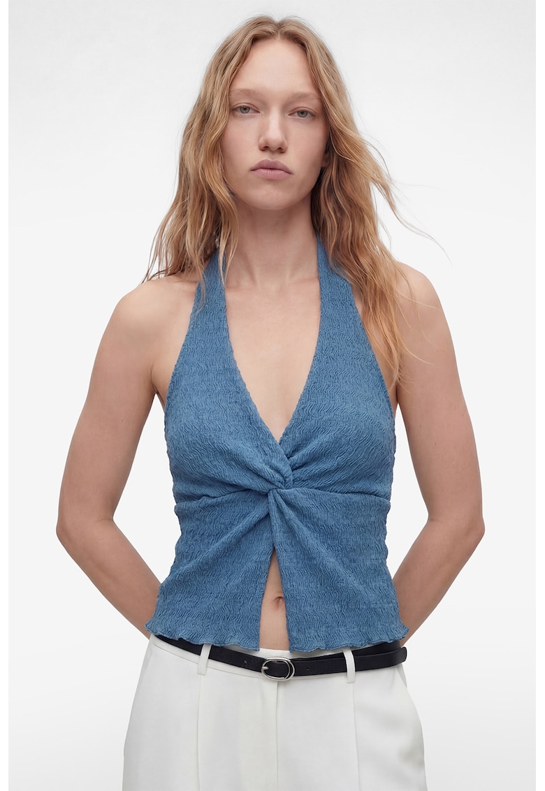 Top crop halter cu decolteu in V - Albastru azur