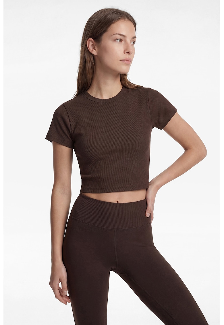 Tricou crop cu decolteu rotund - Maro cognac