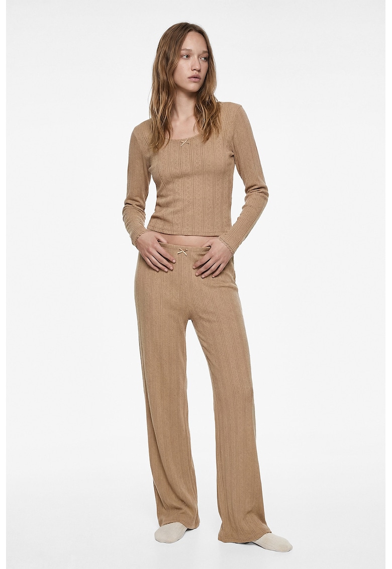 Bluza de pijama din bumbac cu maneci lungi - Bej inchis