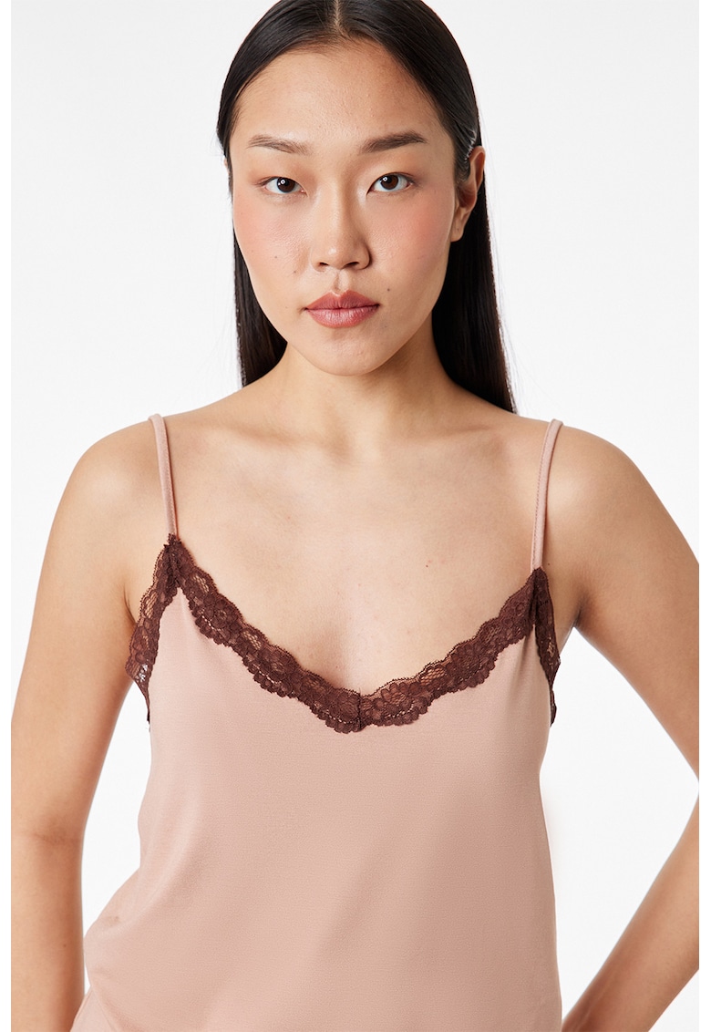Top de pijama cu garnituri de dantela - Maro/Nude rose