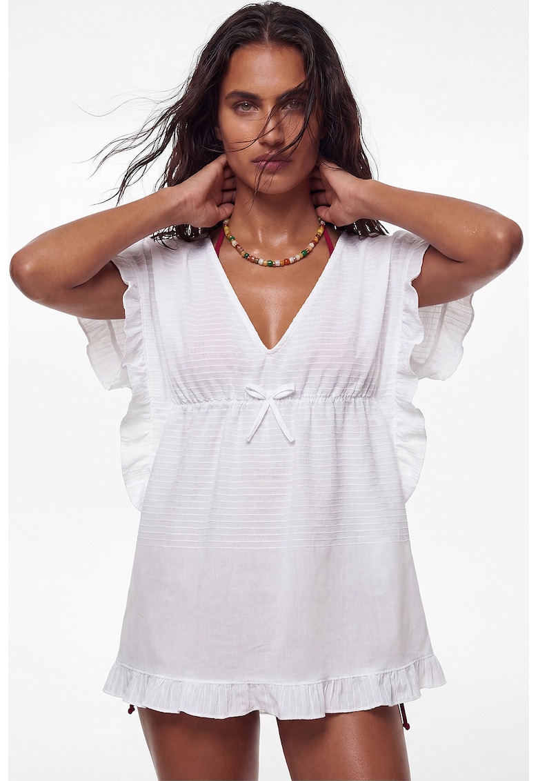 Bluza de plaja - din bumbac - cu volane - Alb