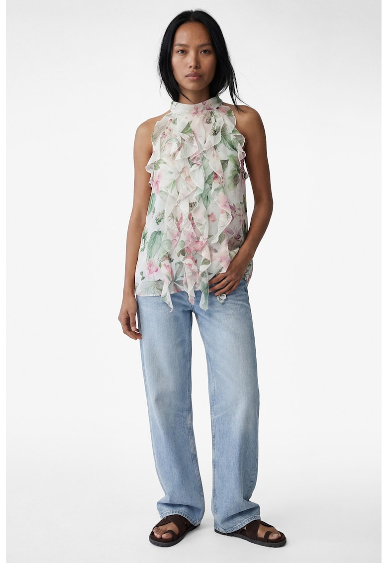 Top din sifon cu volane - Alb/Verde sparanghel/Roz