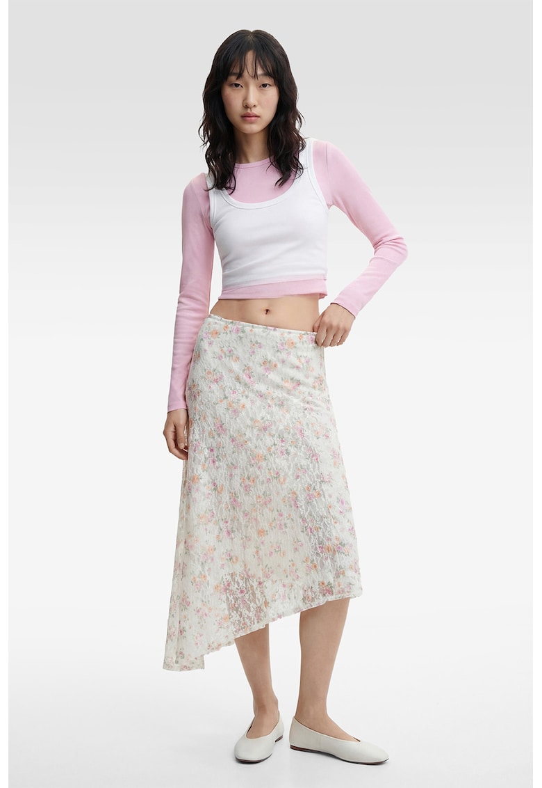 Fusta midi asimetrica cu model floral - Roz deschis/Crem