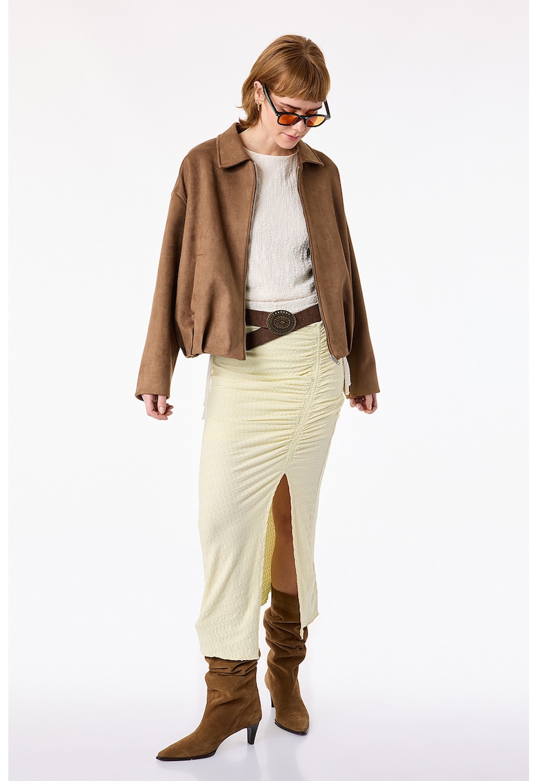 Fusta midi cambrata cu fronseuri - Galben pastel
