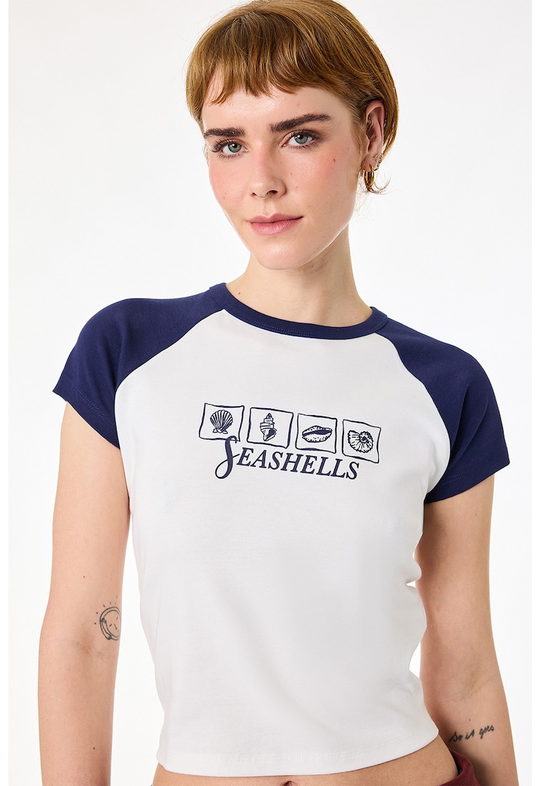 Tricou crop cu imprimeu - Alb/Albastru ultramarin