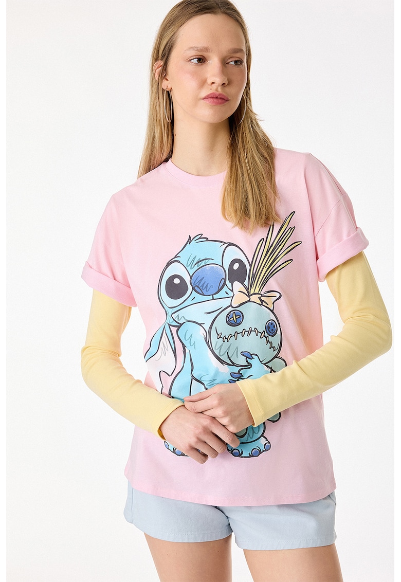 Tricou de bumbac cu imprimeu Stitch - Roz deschis