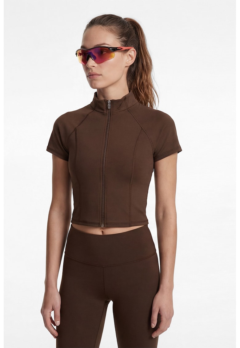 Tricou crop slim fit cu fermoar - Maro