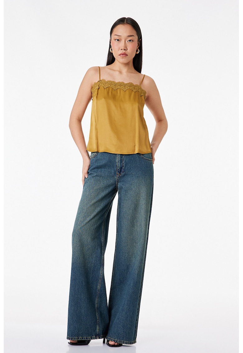 Top din satin cu dantela - Galben mustar