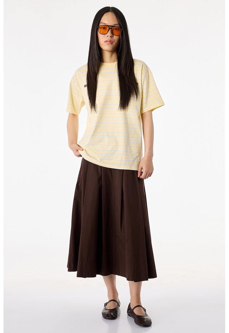 Tricou cu model in dungi si imprimeu text contrastant - Galben deschis