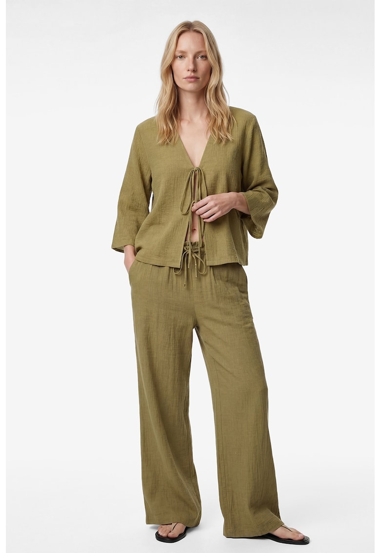 Bluza din amestec de bumbac cu decolteu in V - Verde masliniu