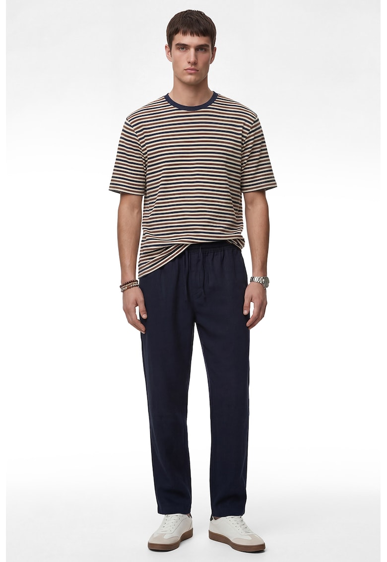 Tricou cu decolteu la baza gatului si model in dungi - Maro/Crem/Bleumarin