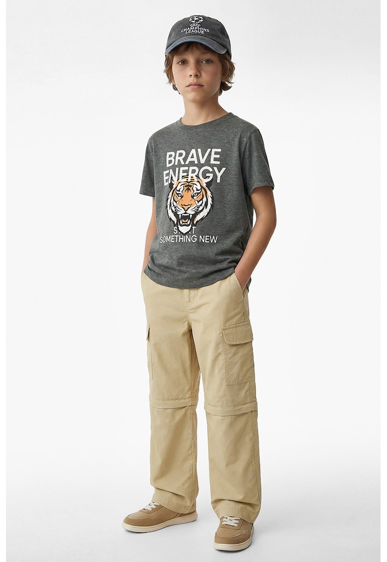 Tricou cu decolteu la baza gatului si imprimeu grafic - Gri melange