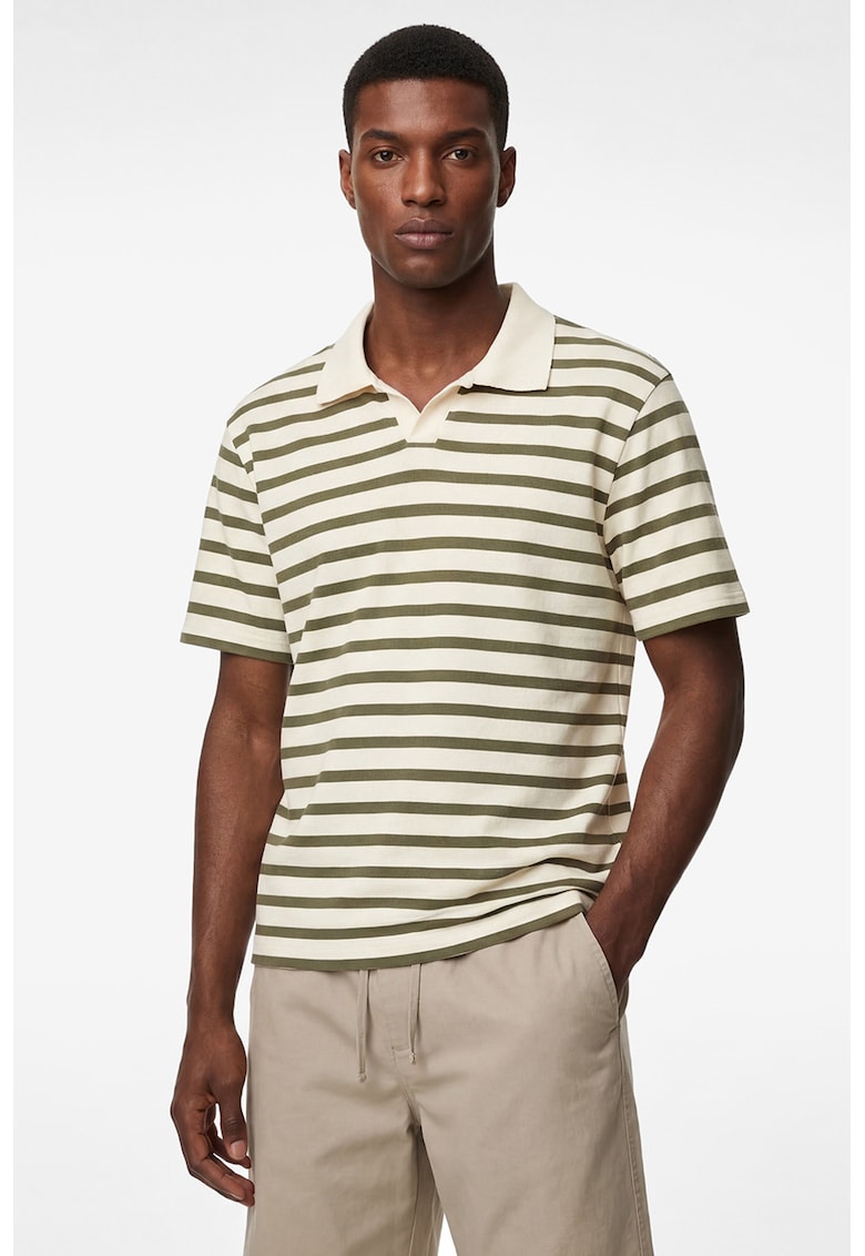 Tricou cu model in dungi si guler polo - Kaki inchis/Crem