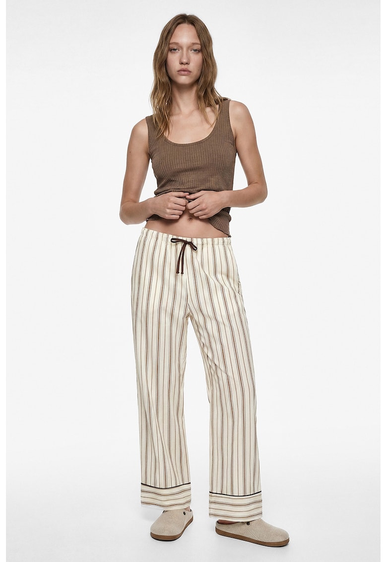 Pantaloni de pijama cu model in dungi si snur - Maro/Bej deschis