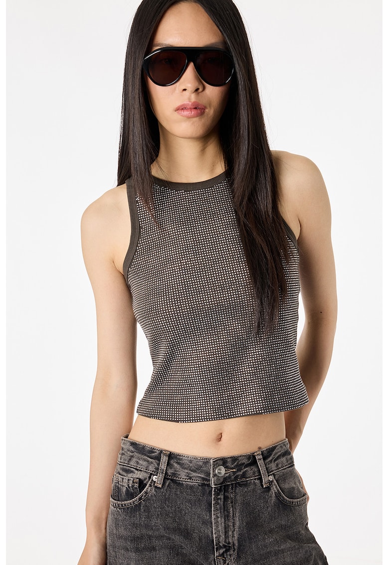 Top crop decorat cu strasuri - Gri inchis