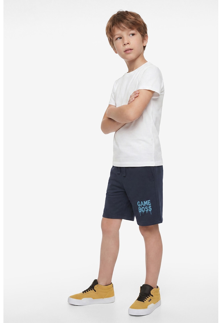 Pantaloni scurti de bumbac cu imprimeu text - Albastru inchis
