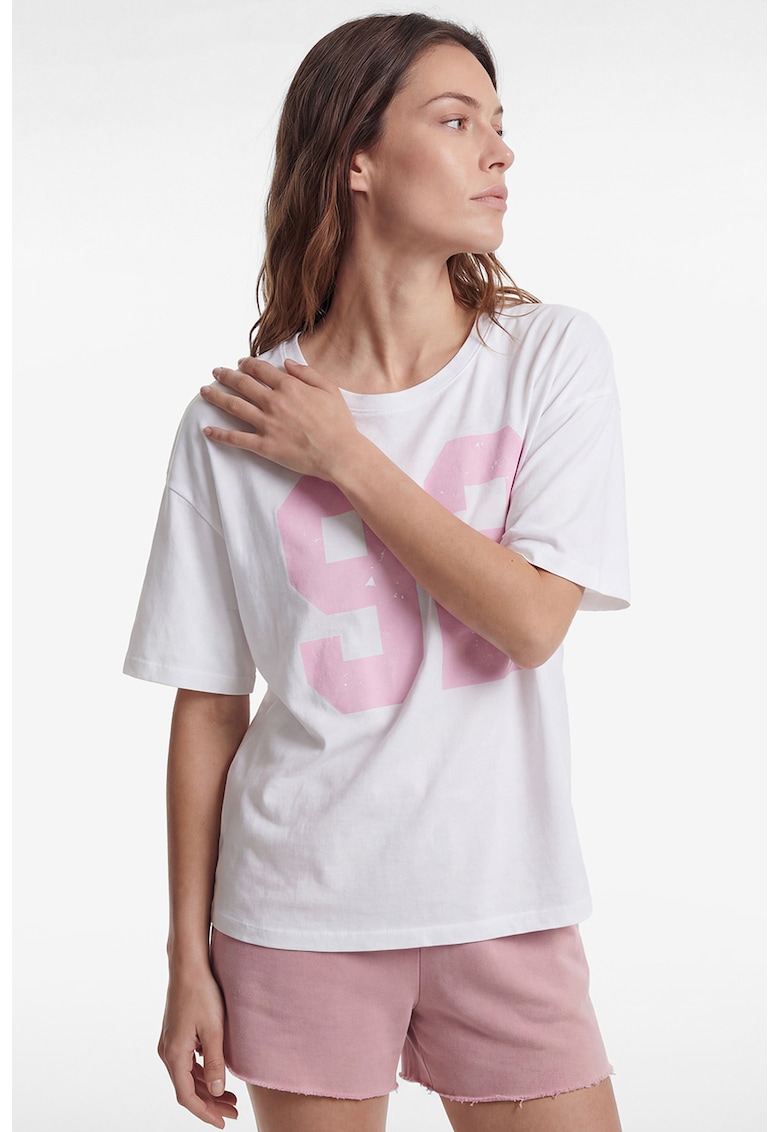 Tricou lejer cu imprimeu supradimensionat frontal - Alb/Roz pal
