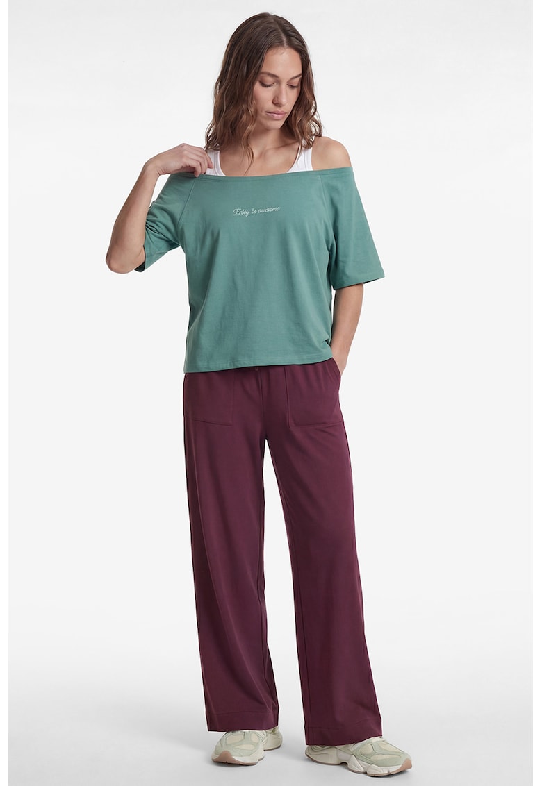 Tricou cu decolteu pe umeri si imprimeu text - Verde persan