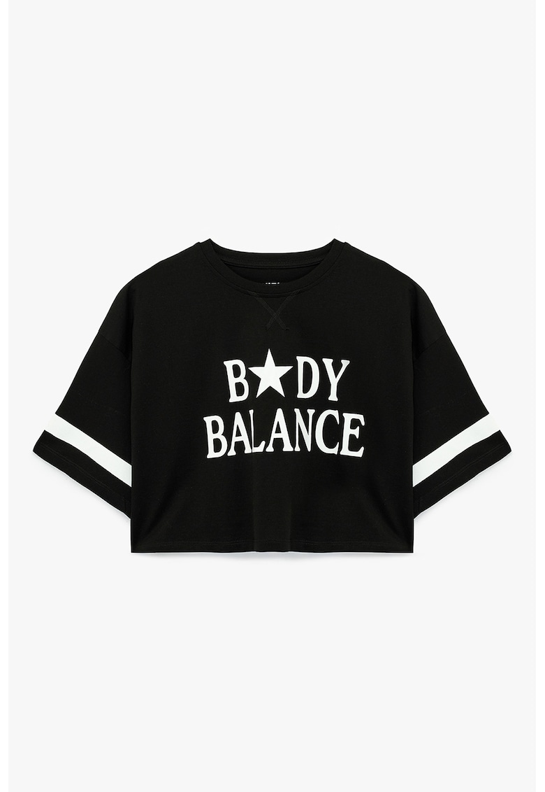 Tricou crop cu imprimeu text - Negru