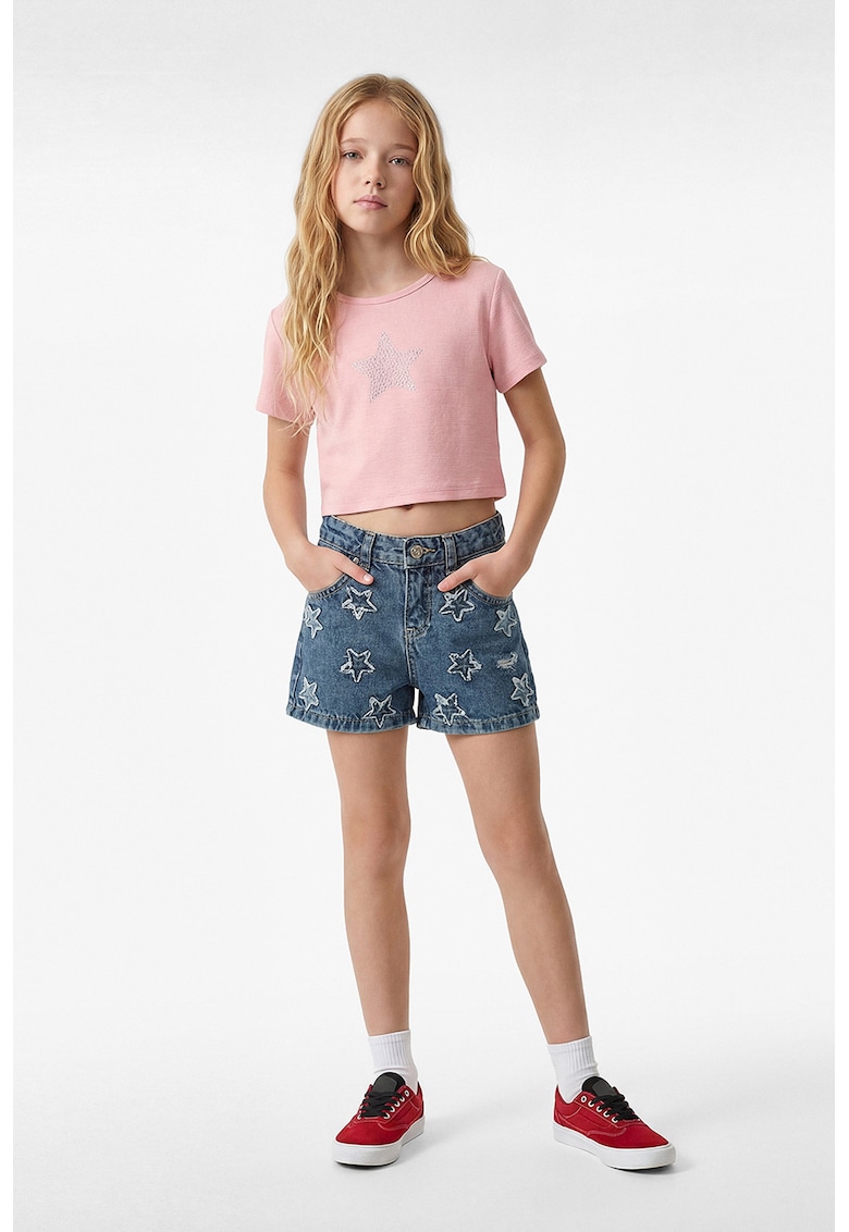 Tricou crop cu strasuri - Roz deschis/Argintiu