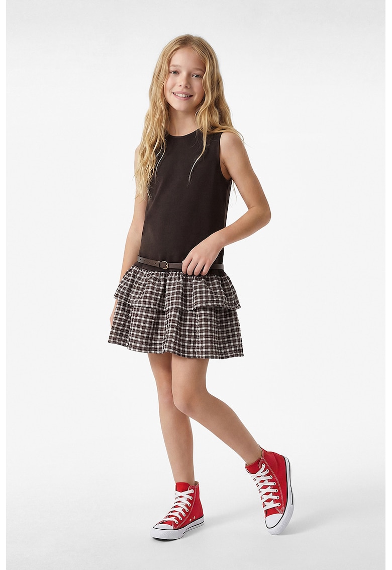 Rochie in carouri cu model 2 in 1 - Maro inchis/Alb murdar