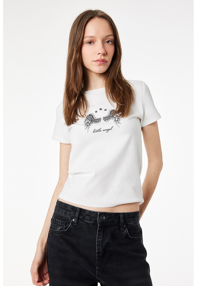 Tricou cu imprimeu si decolteu la baza gatului - Ecru/Negru carbon