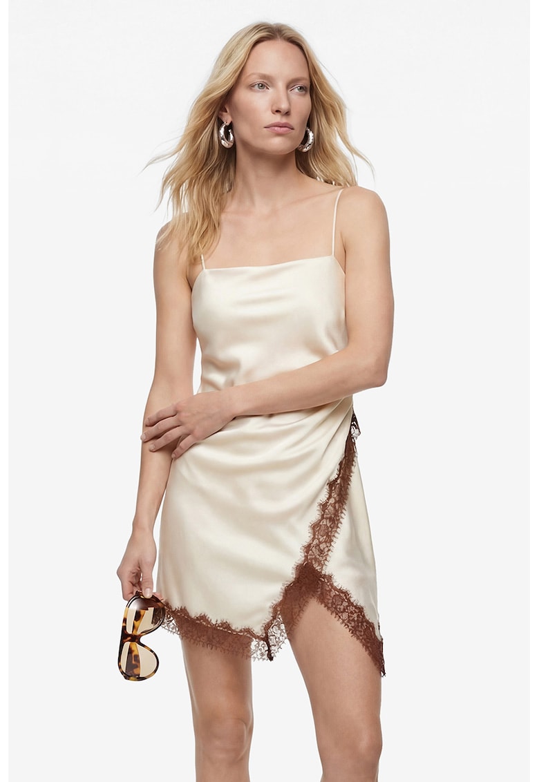 Rochie uni scurta cu dantela - Alb fildes/Maro Siena
