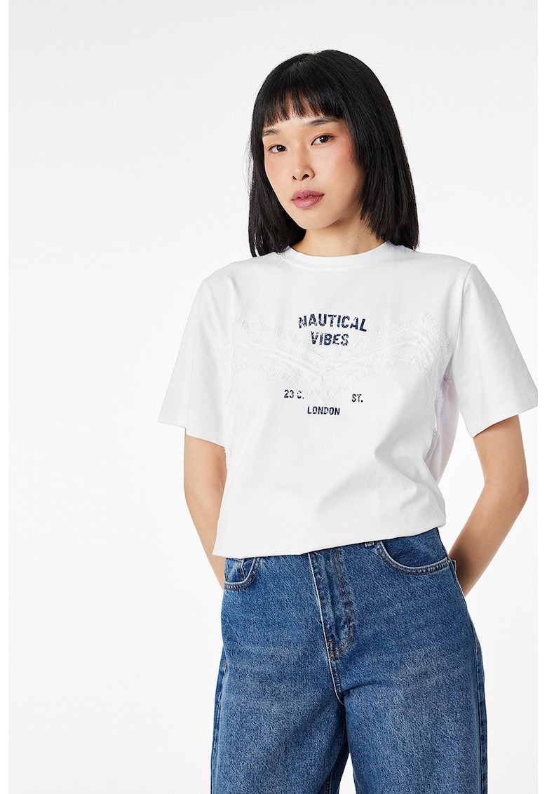 Tricou din amestec de bumbac cu imprimeu text - Alb