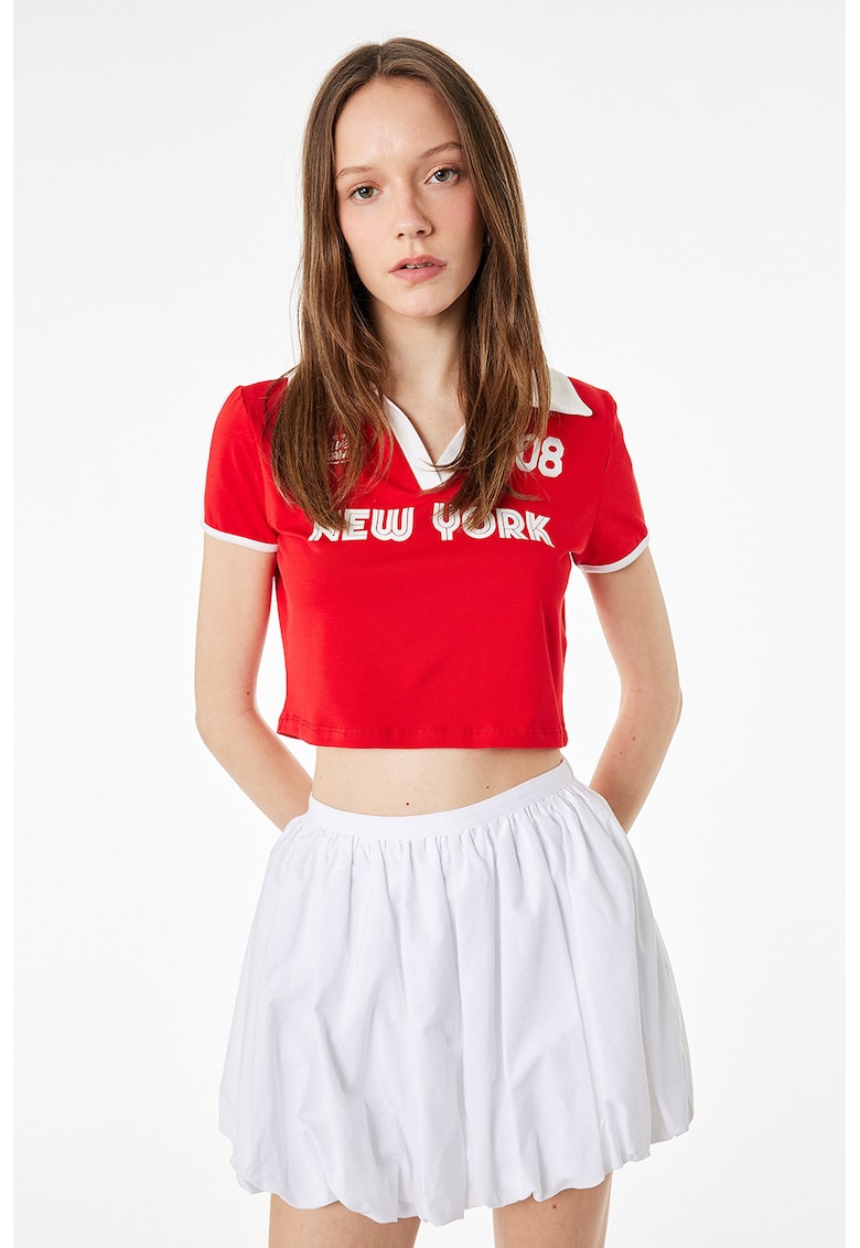 Tricou polo crop cu imprimeu text - Alb optic/Rosu aprins