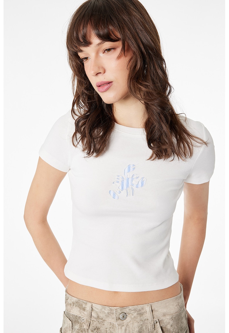 Tricou crop din amestec de bumbac - Albastru lavanda/Alb optic