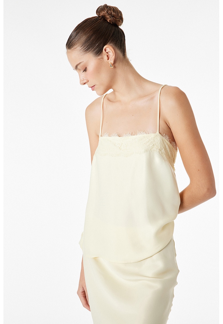 Top crop cu insertii de dantela - Galben pal