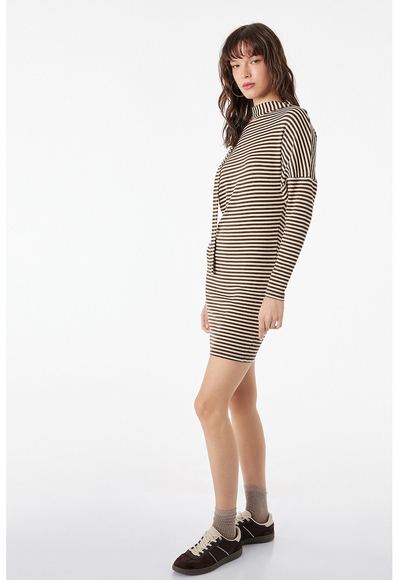 Rochie-pulover scurta cu dungi - Maro inchis/Bej sampanie