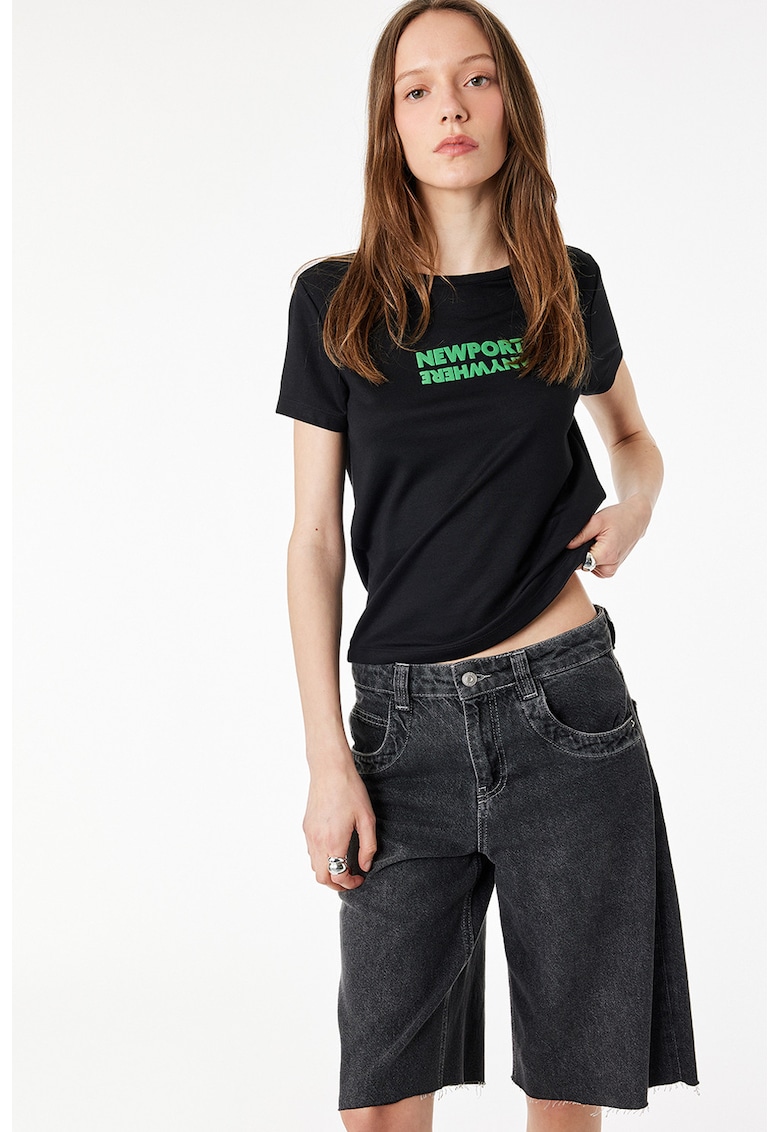 Tricou din amestec de modal cu text - Negru/Verde menta