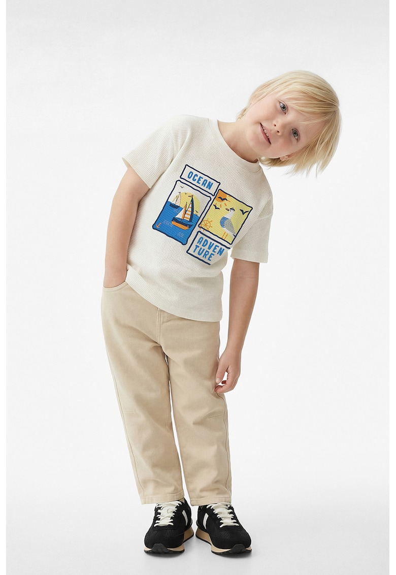 Tricou din pique cu imprimeu grafic - Alb fildes/Galben deschis/Albastru royal
